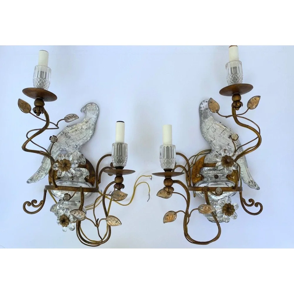MAISON ‎ BAGUES  Bird Sconces Pair of Glass Electric Wall 2 Arm Sconces